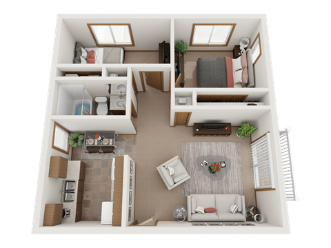 Floor plan for 2 beds, 1 bath, 748 sqft